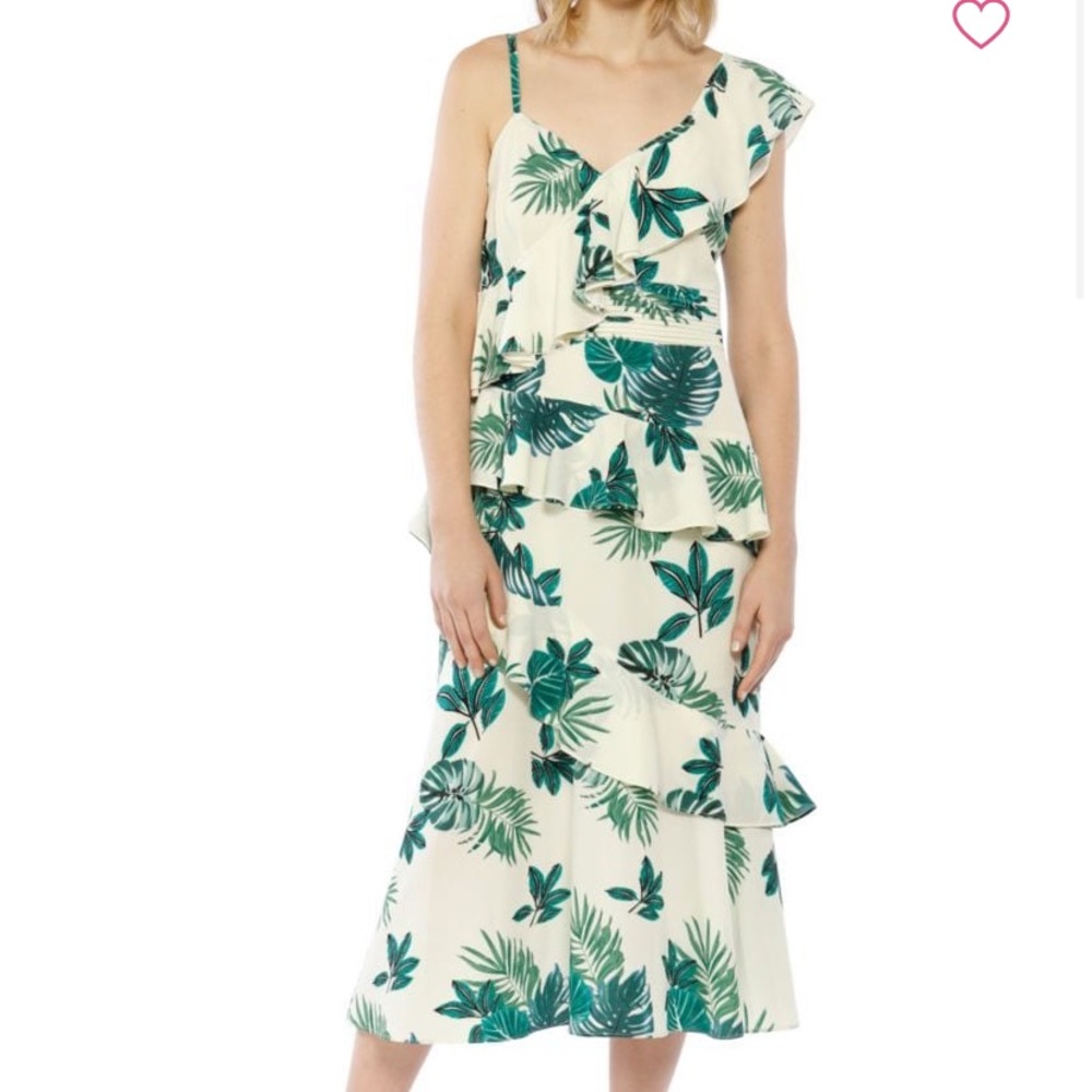WALTER BAKER PALM PRINT ONE SHOULDER RUFFLE DRESS